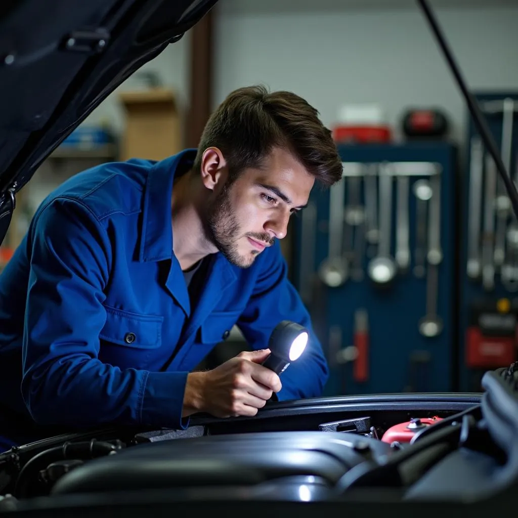 Mechanic inspecting a car engine in a repair shop