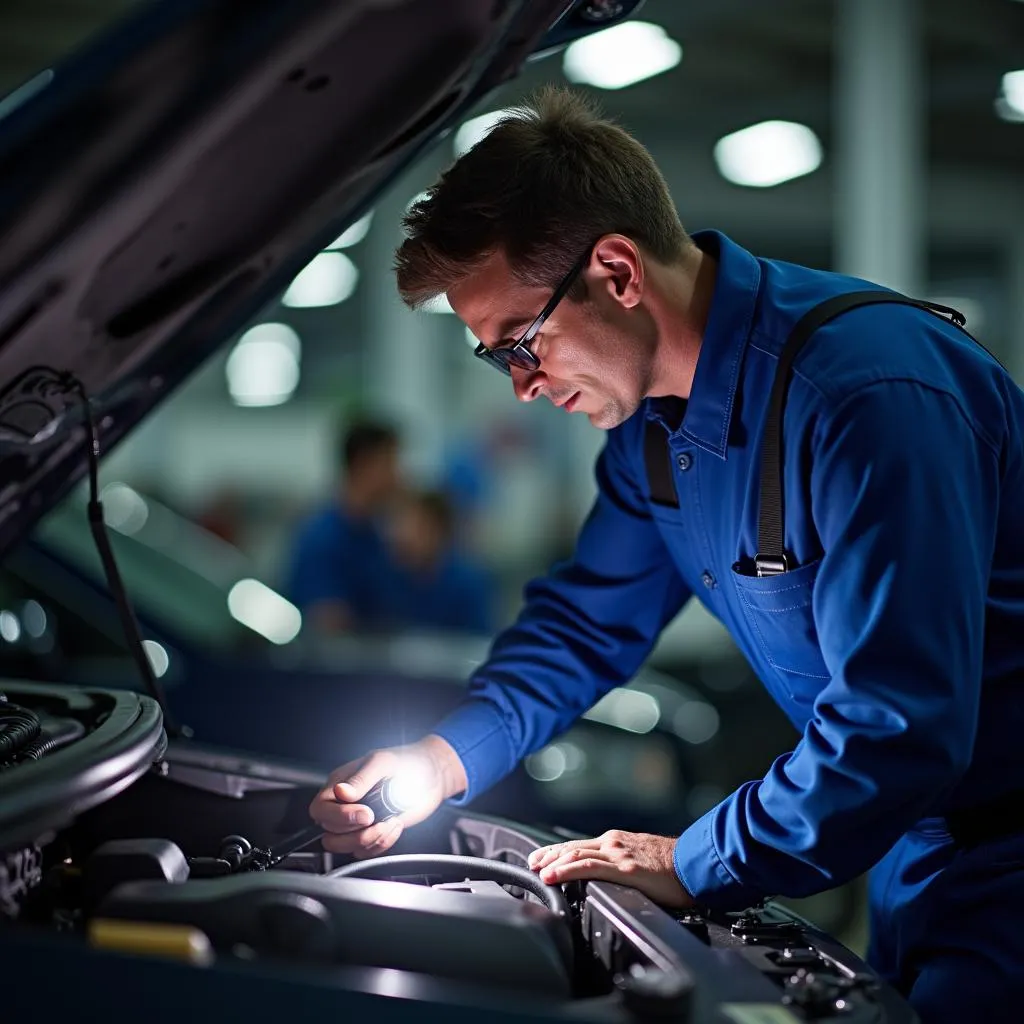 Mechanic inspecting a car engine