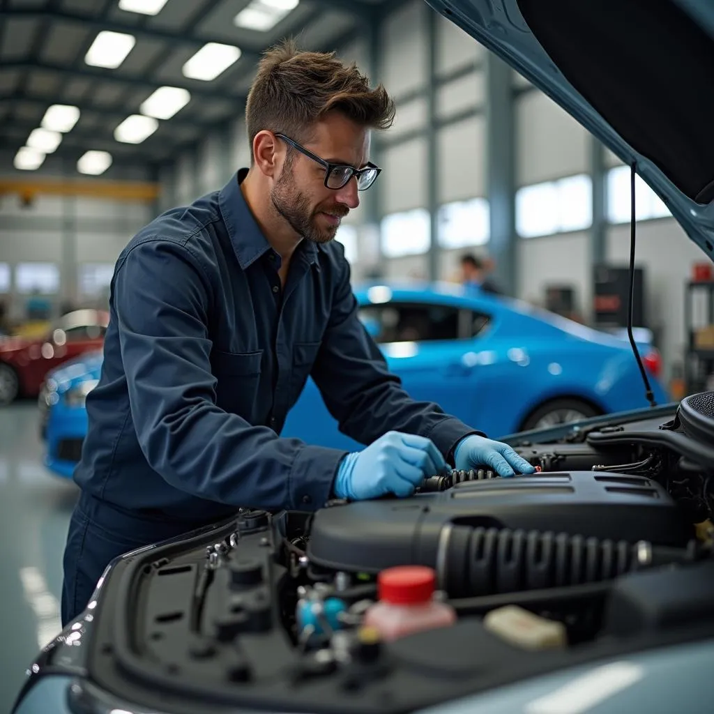 Mechanic Inspecting a Car Engine