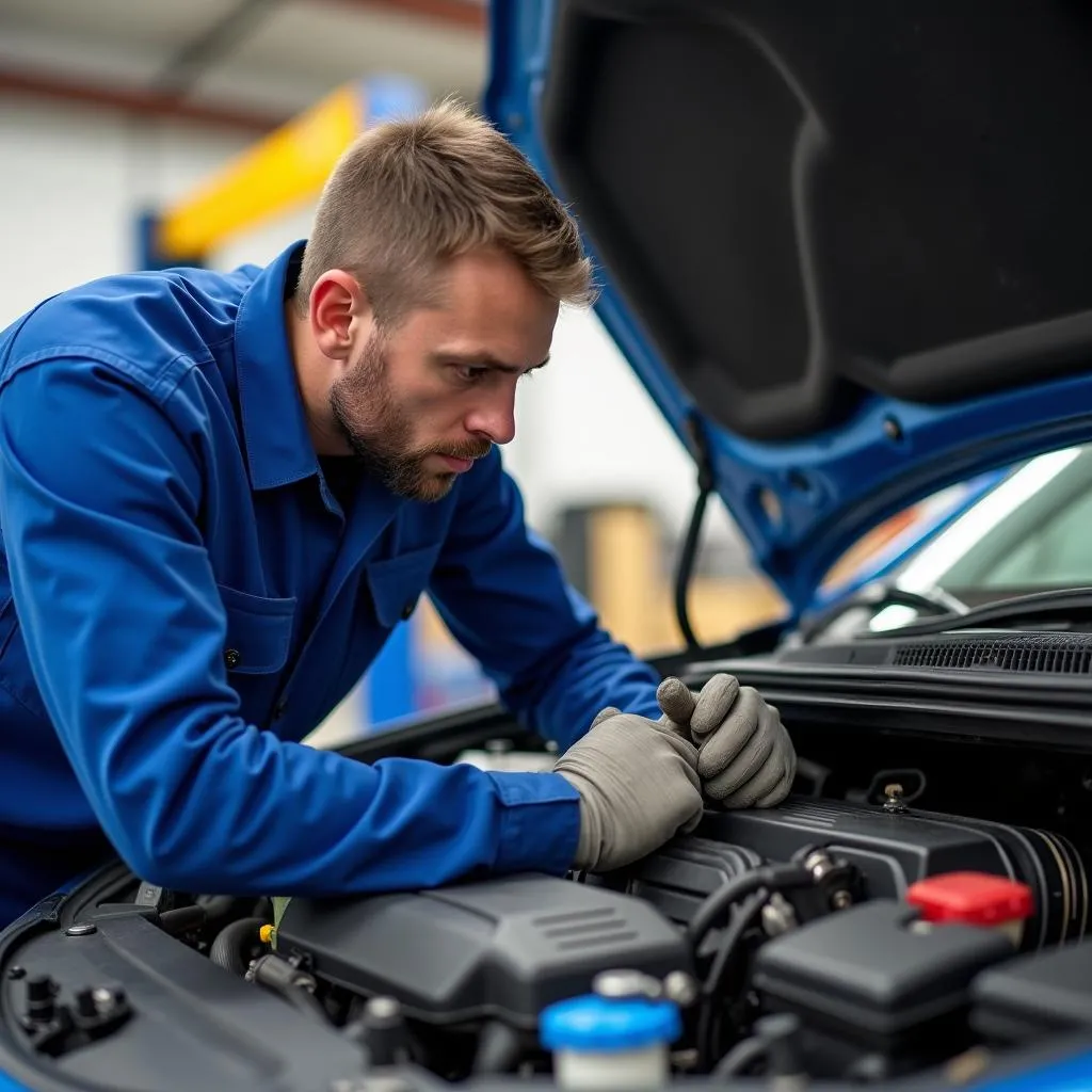 Mechanic checking for oil leaks