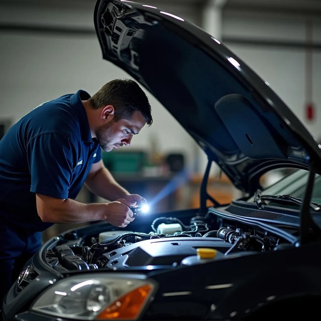 Mechanic checking a car engine for problems