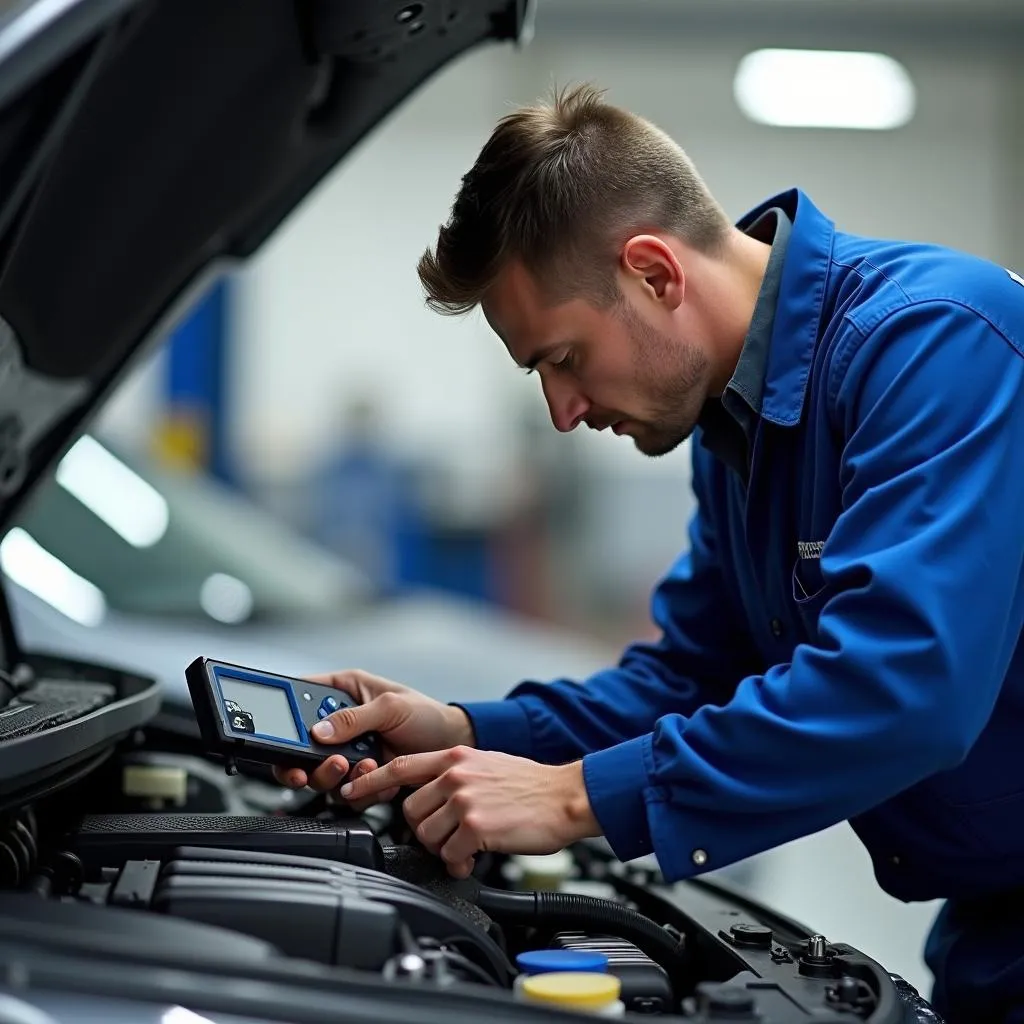 Mechanic Inspecting Car Engine with Diagnostic Tool