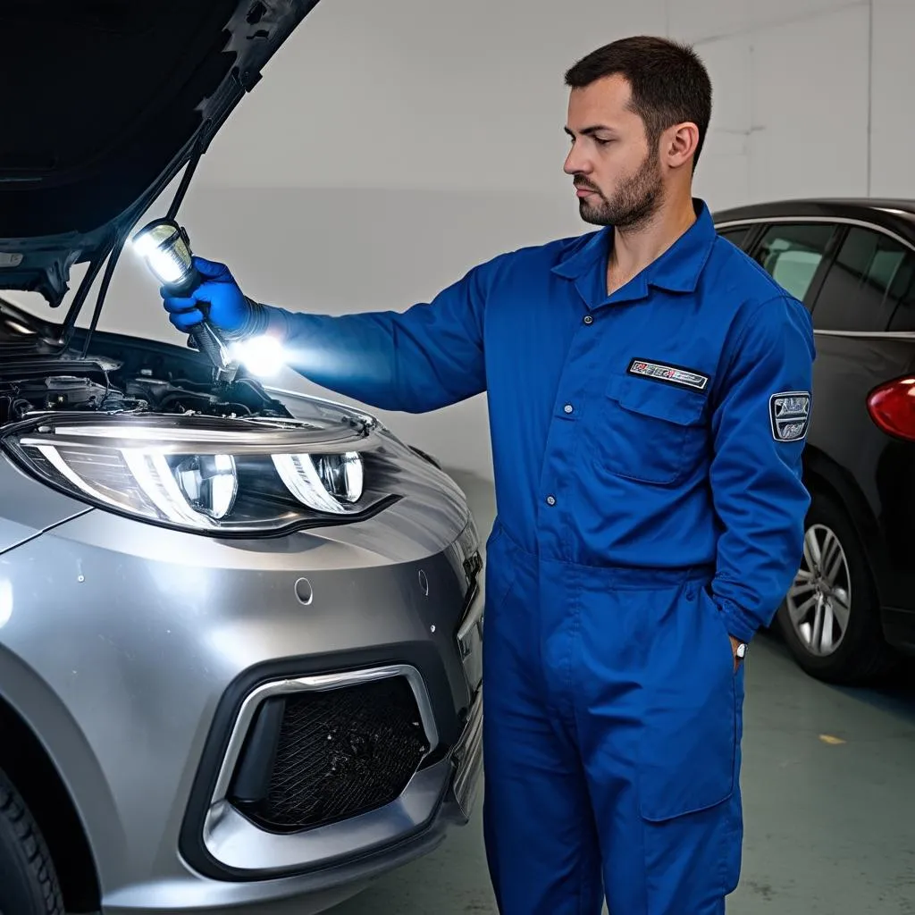 Mechanic Inspecting Car Lights