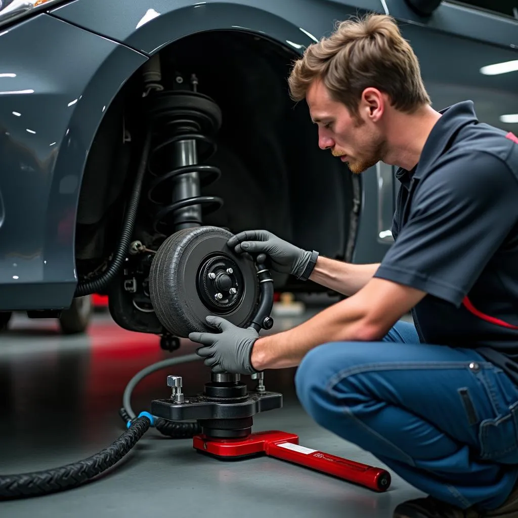 Mechanic inspecting car suspension