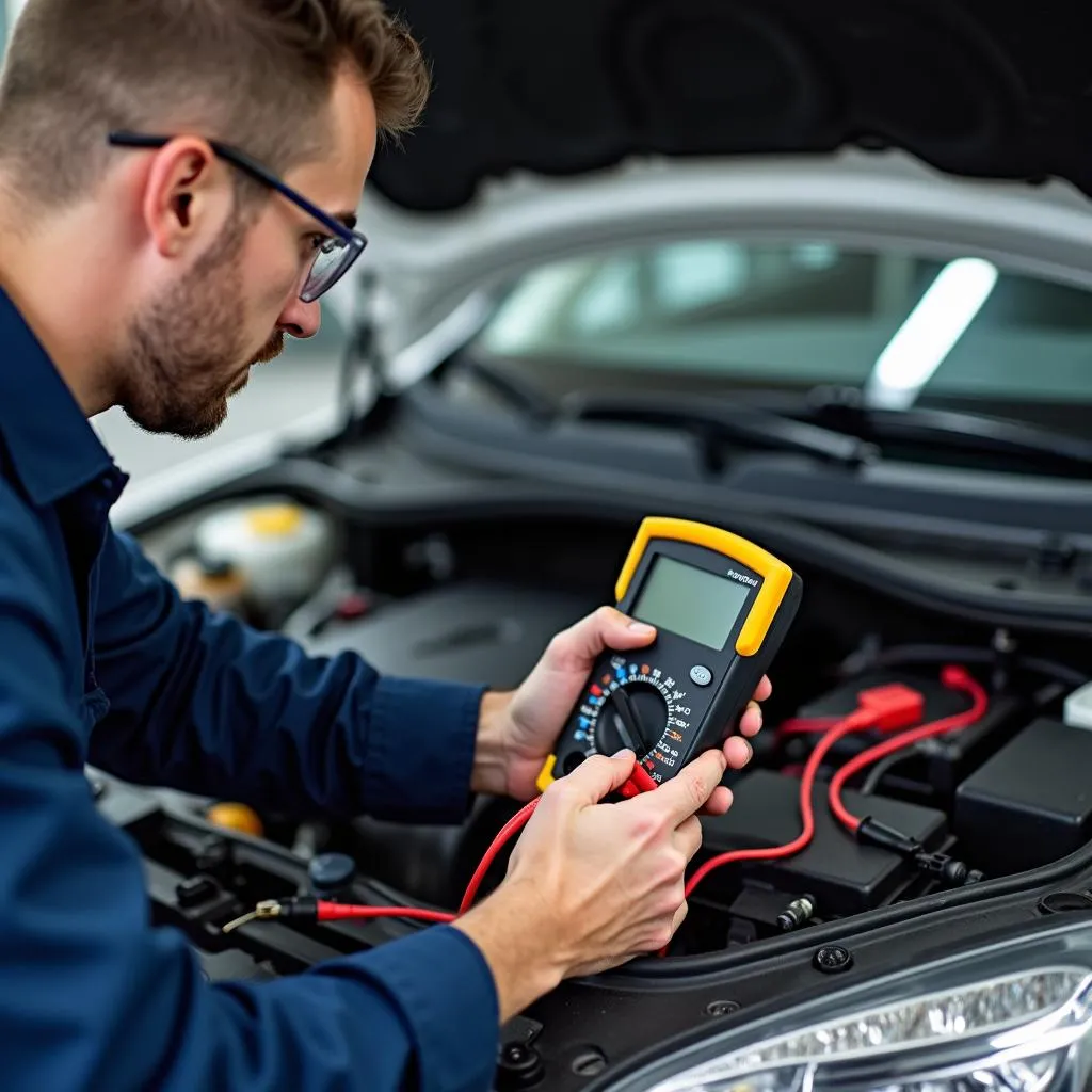 Mechanic Diagnosing Car Electrical Issue