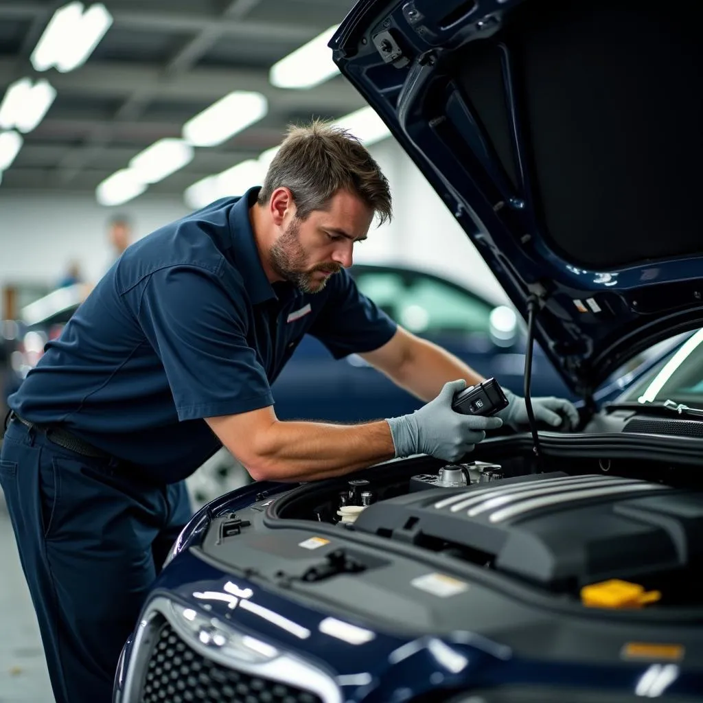 Mechanic Inspecting Chrysler 300 Engine