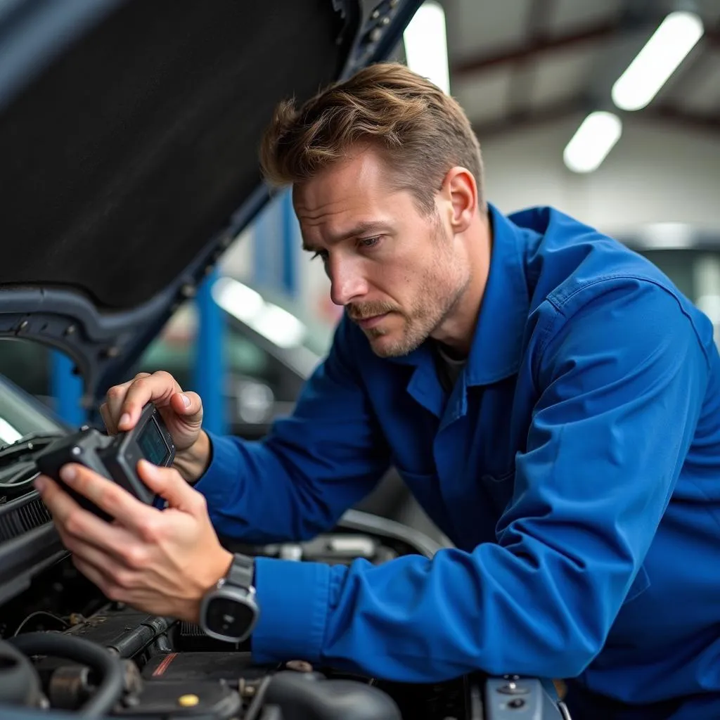 Mechanic Inspecting Daewoo Matiz Engine