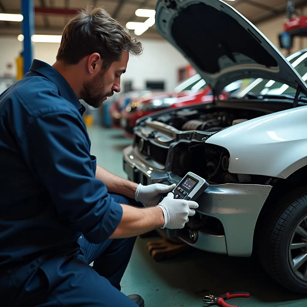 Mechanic Inspecting Damaged Car in Lake County Garage