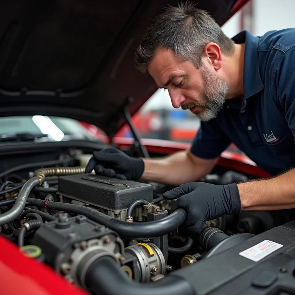 Mechanic Inspecting the Engine Bay of a 1992 Corvette