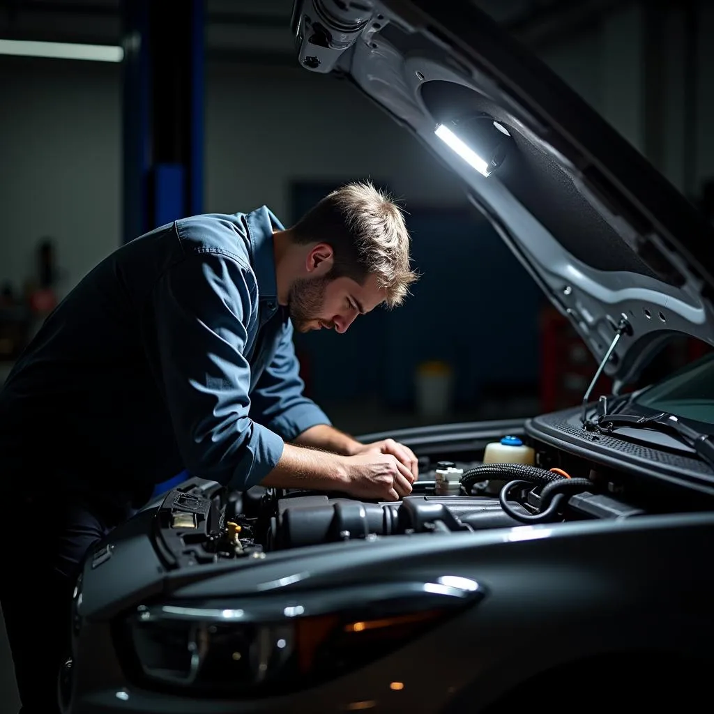 Mechanic Inspecting Engine Bay