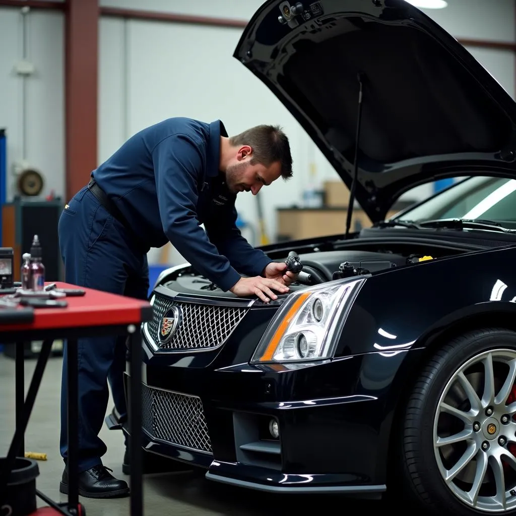 Mechanic Inspecting Engine of Used Cadillac CTS-V in Repair Shop