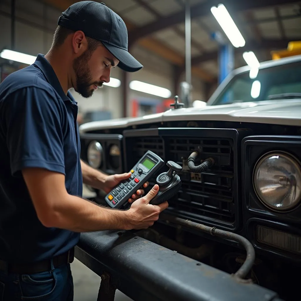 Mechanic inspecting EVAP system in a Chevy Classic