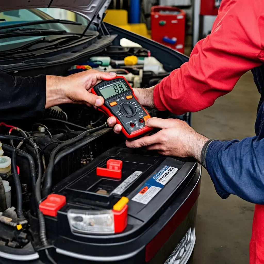 Mechanic inspecting a Honda Fit battery with a multimeter