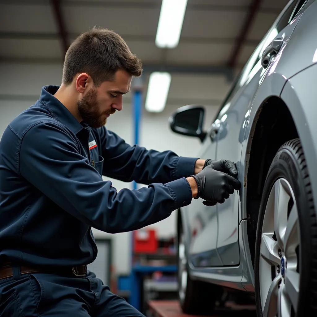 Mechanic inspecting a salvage car in Colorado