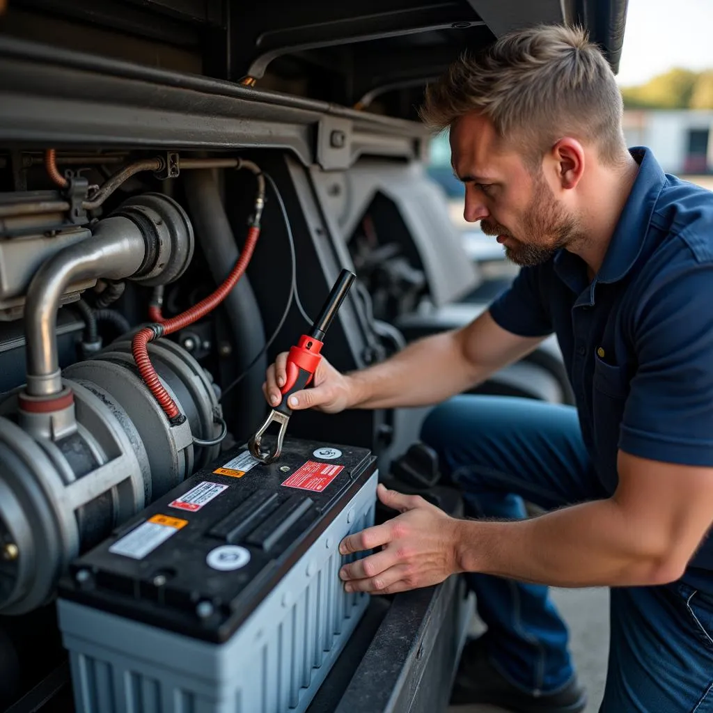 Mechanic Inspecting Semi-Truck Battery