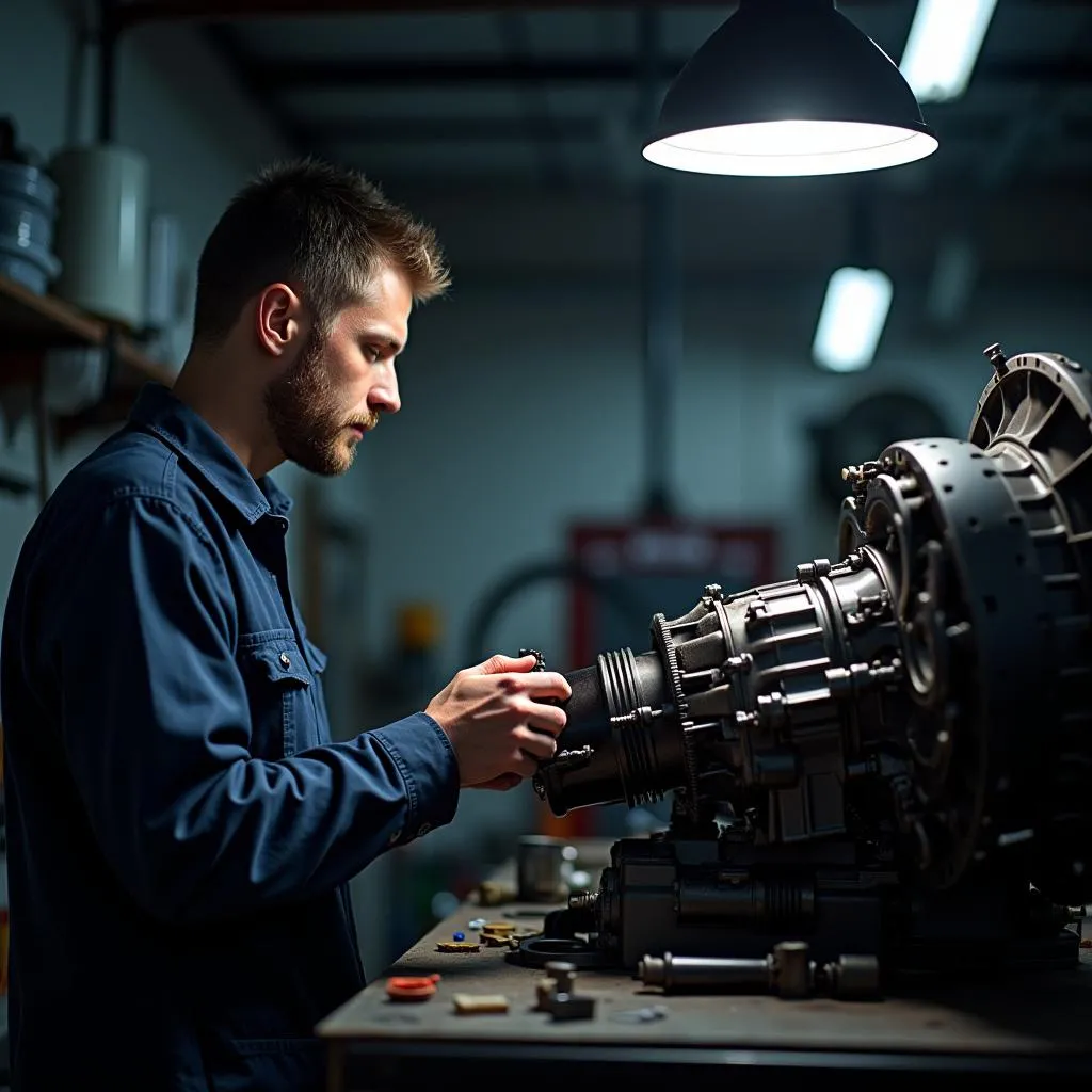 Mechanic inspecting a car transmission