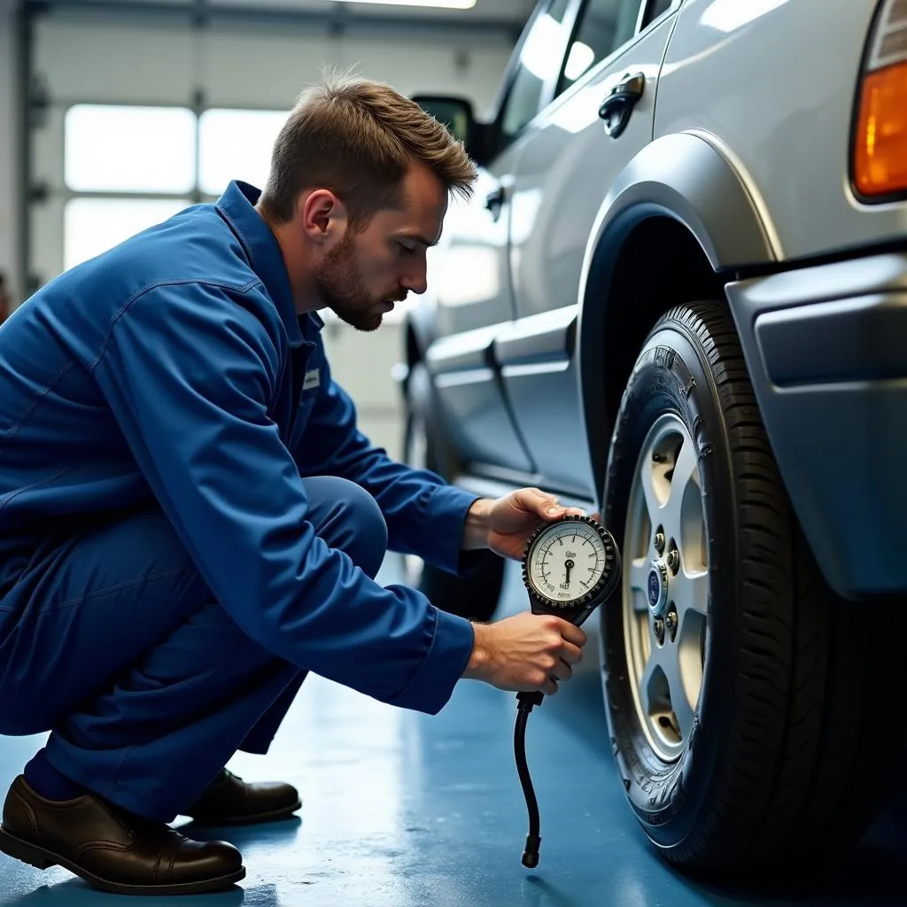 Mechanic inspecting tyre pressure on a Ford Scorpio