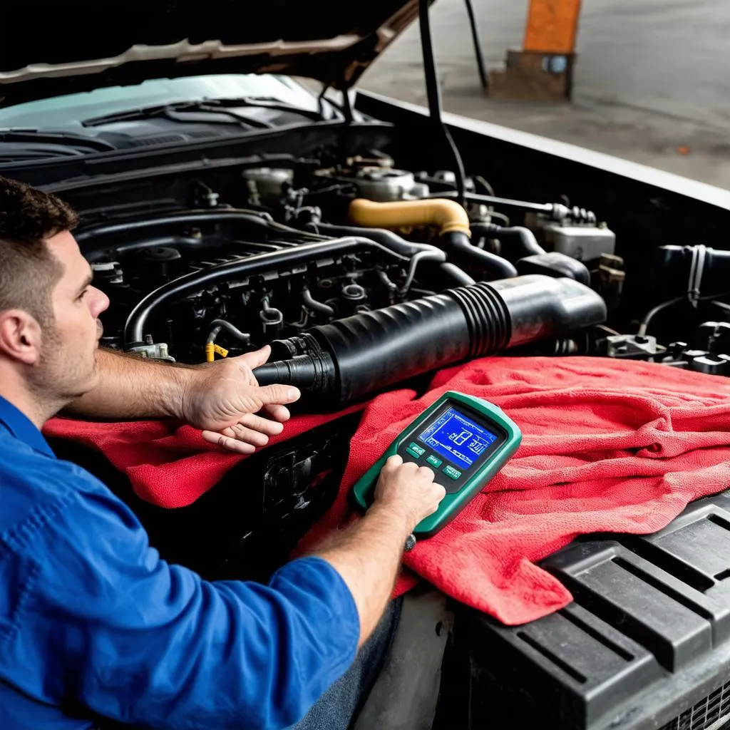 Mechanic inspecting underneath the hood of a Chevy truck