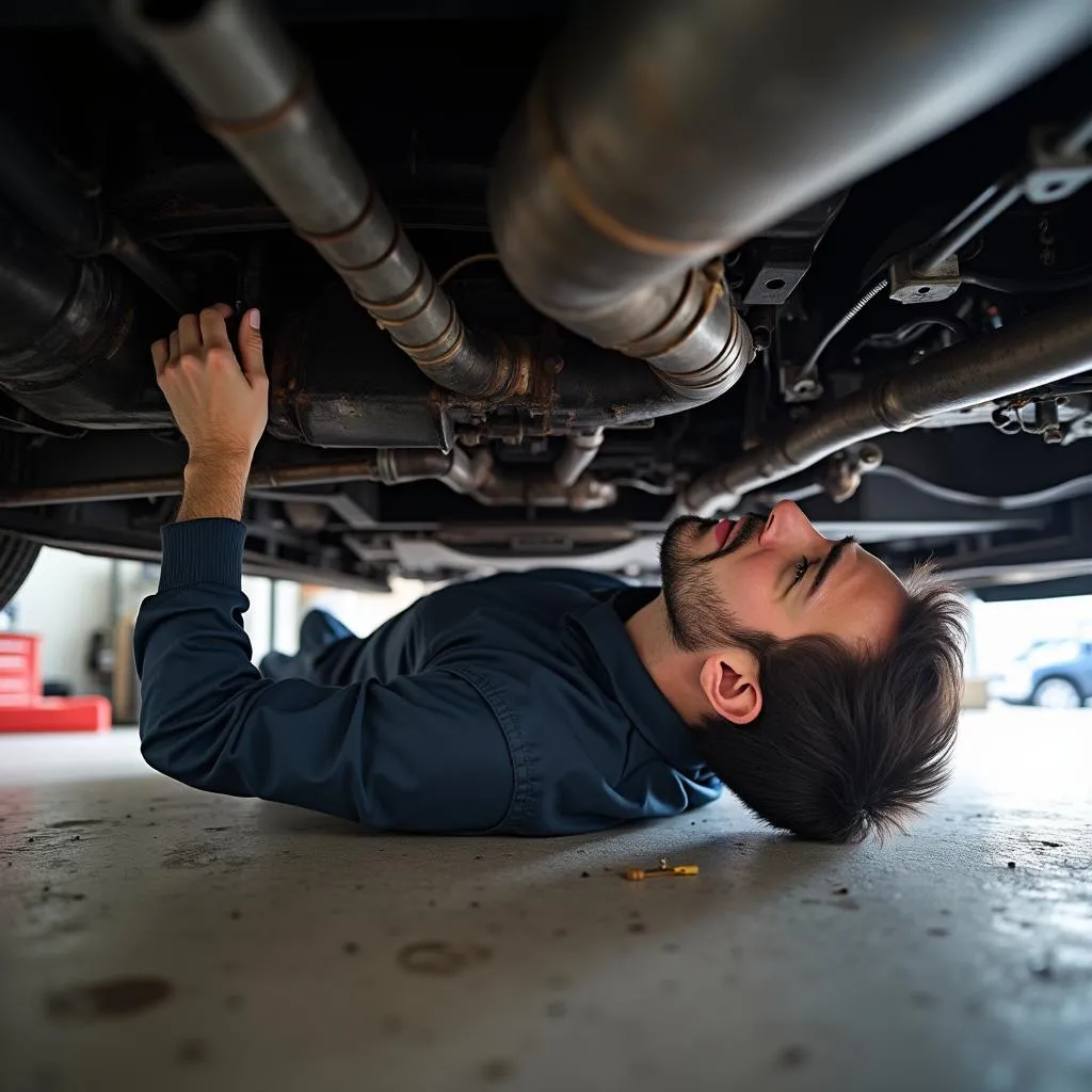 Mechanic Inspecting the Undercarriage of a Car