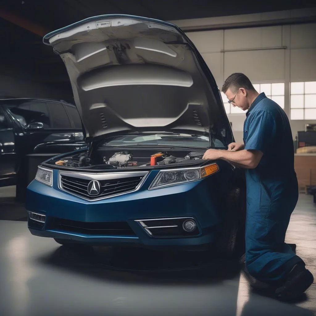 Mechanic inspecting a used Acura engine