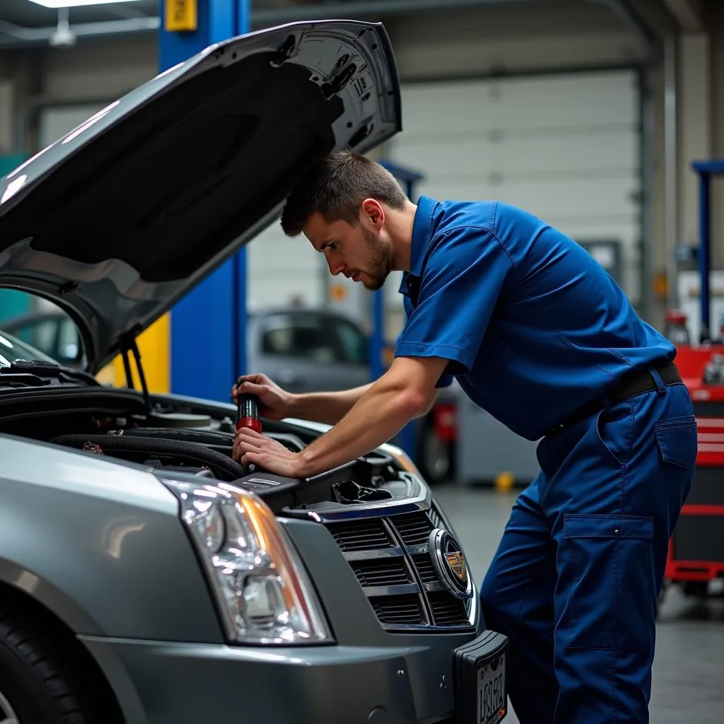 Experienced Mechanic Inspecting Used Cadillac Engine