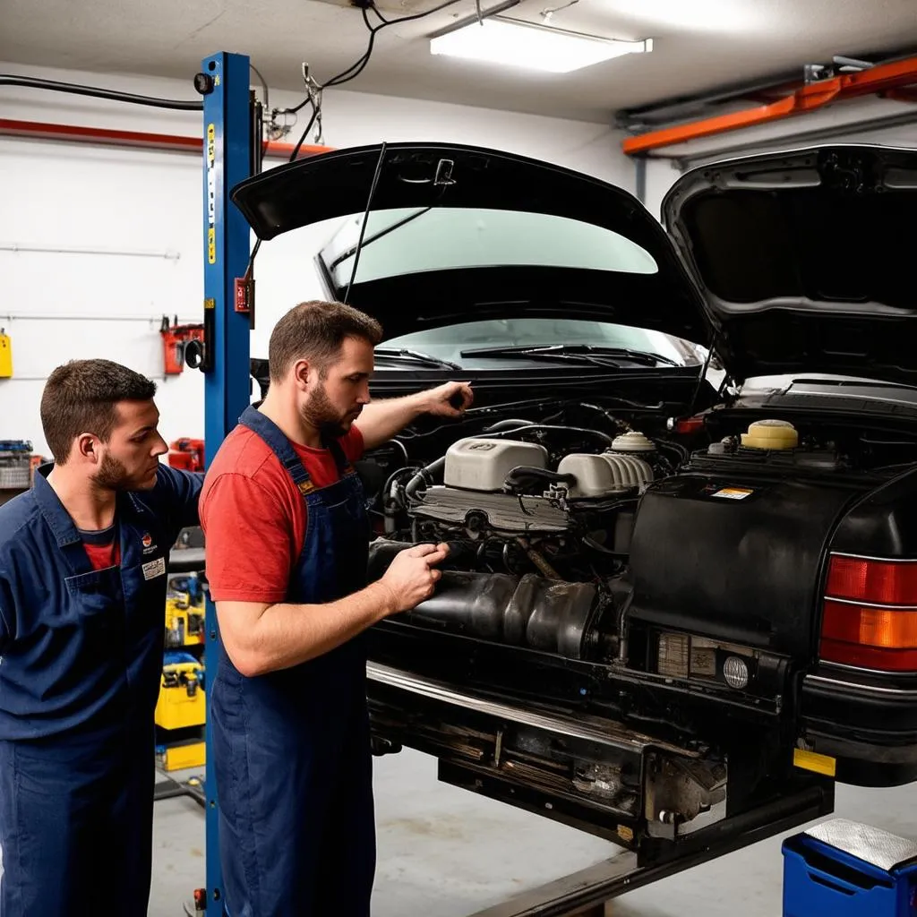 Mechanic inspecting a used car in Douglas