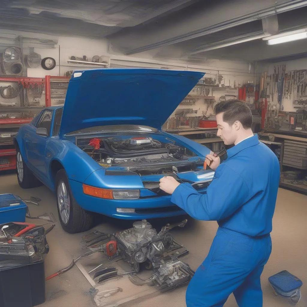 Mechanic inspecting used car