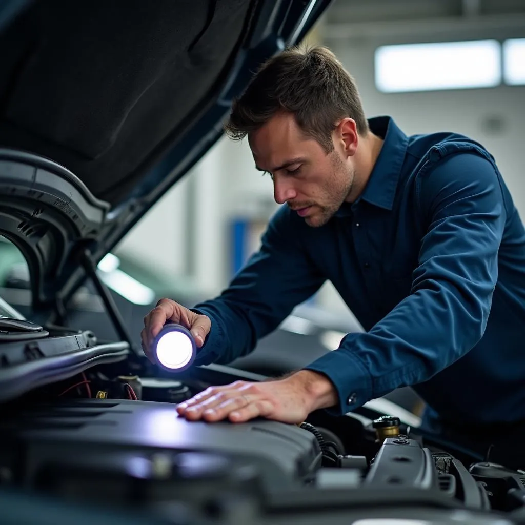 Mechanic inspecting the engine of a used car