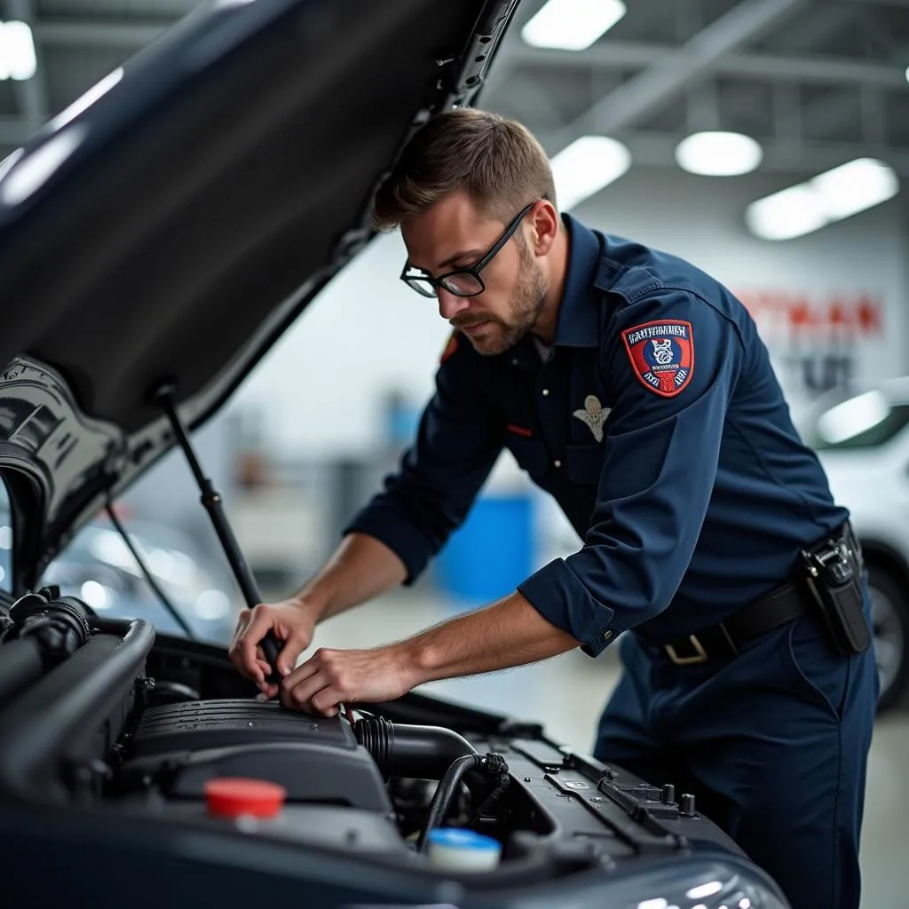 Mechanic Inspecting a Used Car at Hartman Motor Co