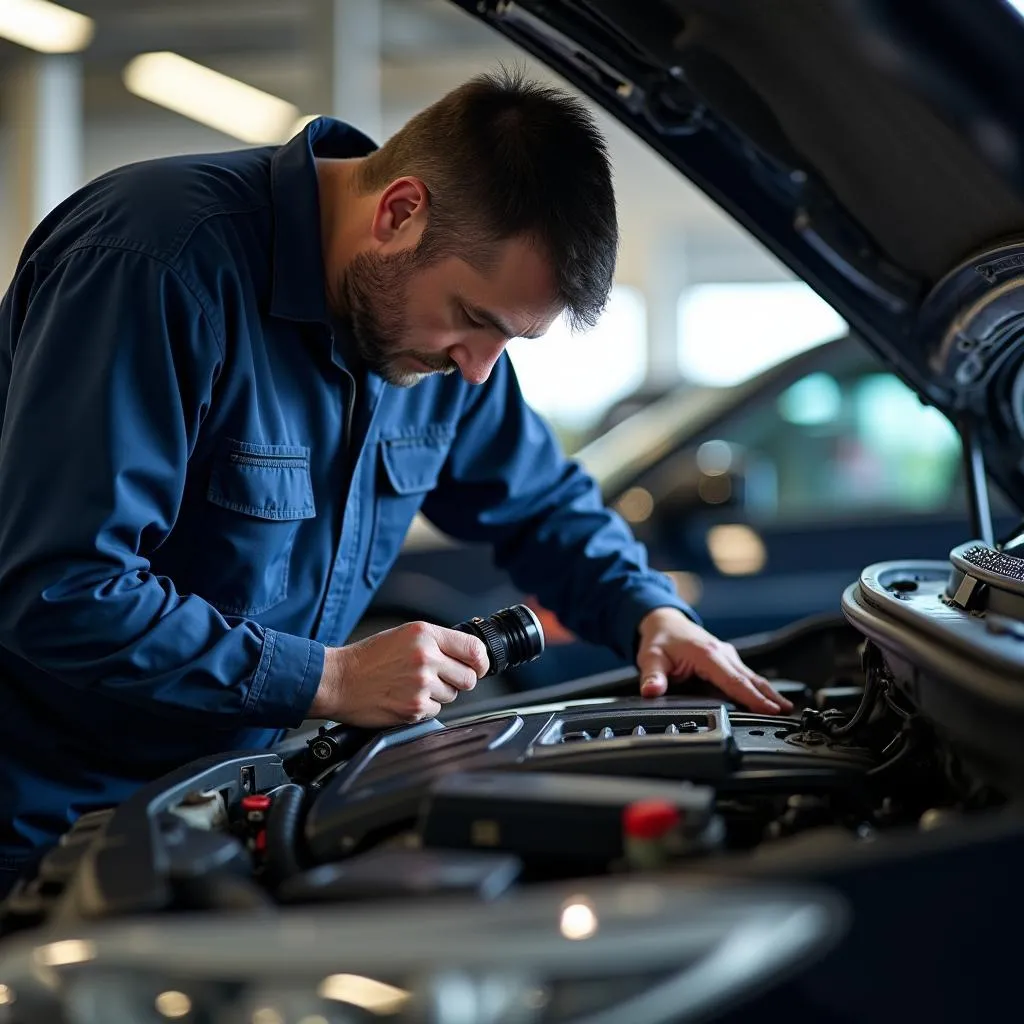 Mechanic inspecting a used car in Live Oak