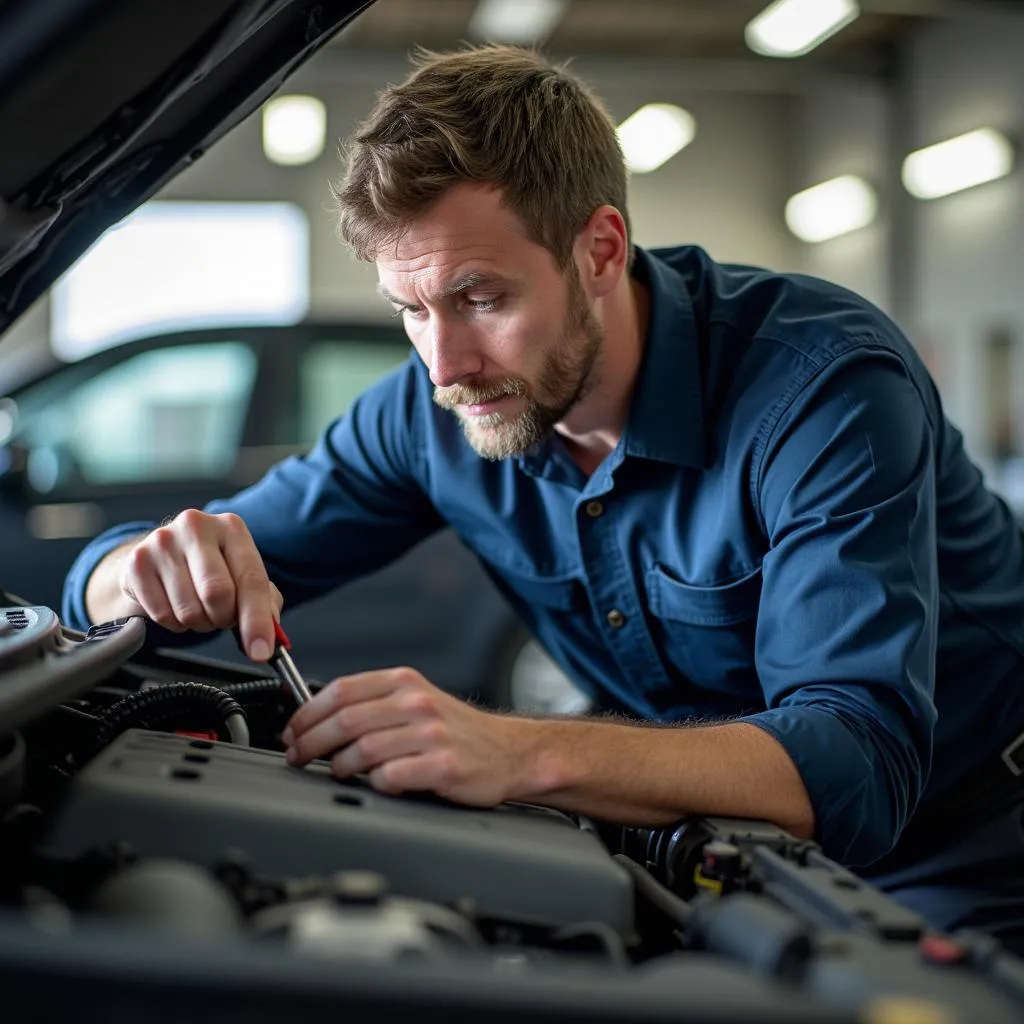 Mechanic inspecting a used car in Shreveport