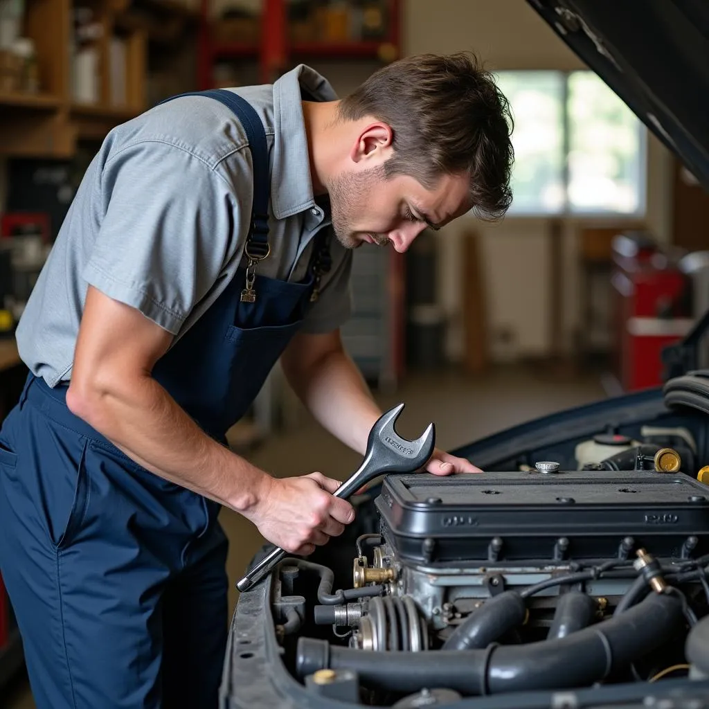 Mechanic Inspecting a Used Ford Engine