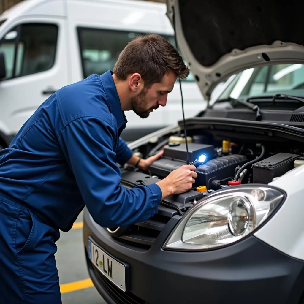 Mechanic Inspecting Van Engine