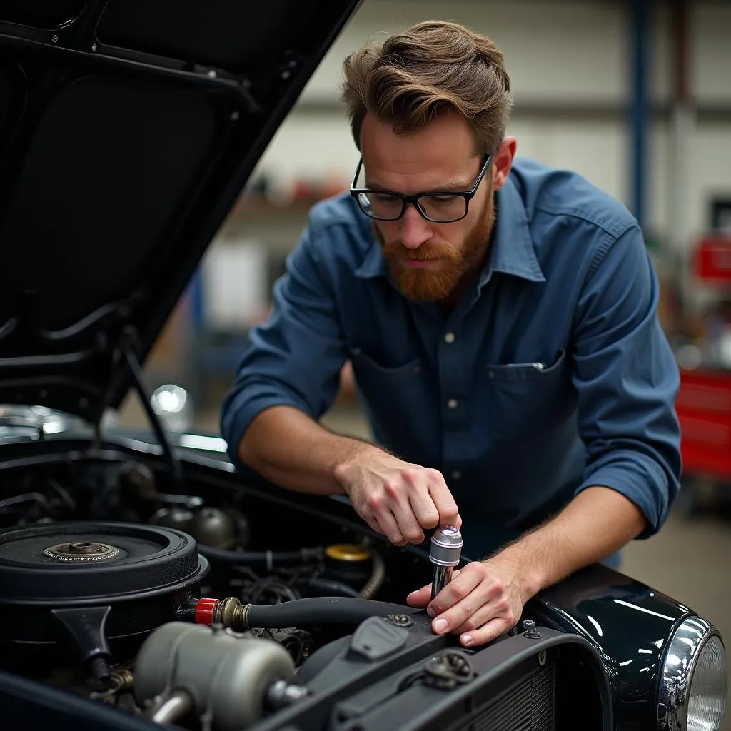 Mechanic Inspecting a Vintage Engine