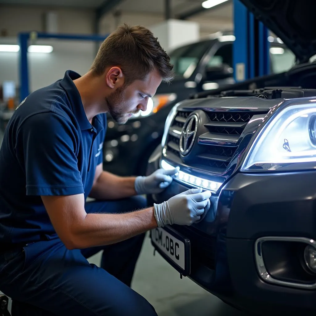 Mechanic Installing Car Grill LED Lights in Auto Shop