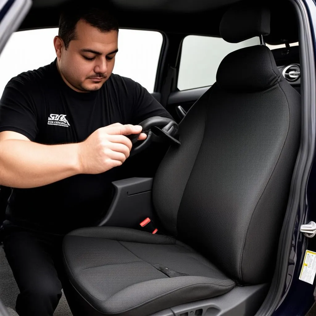 Mechanic Installing Car Seat Cover