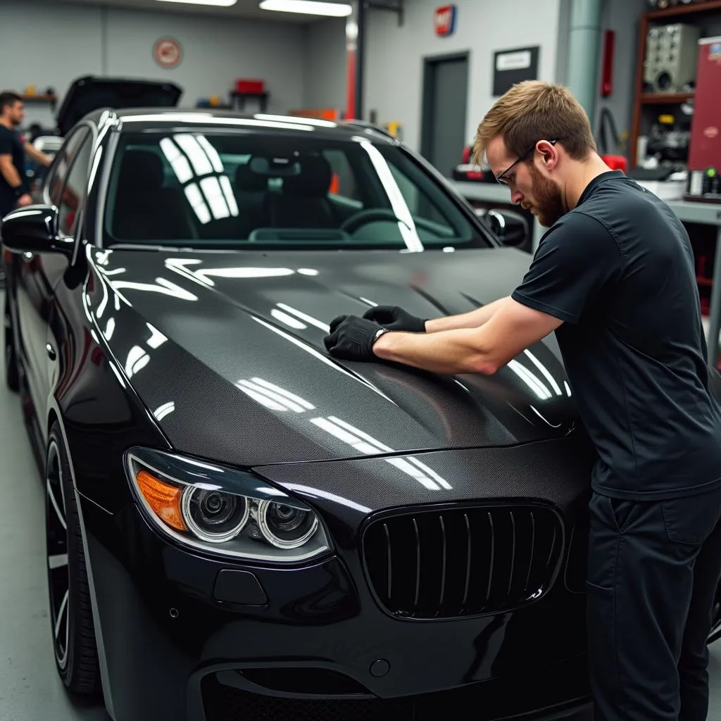 Mechanic installing a carbon fiber hood in a workshop