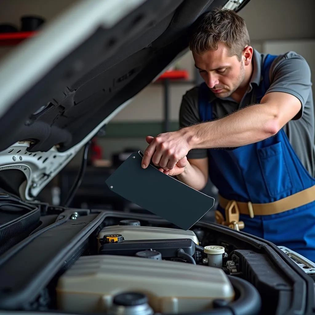 Mechanic installing heat shield