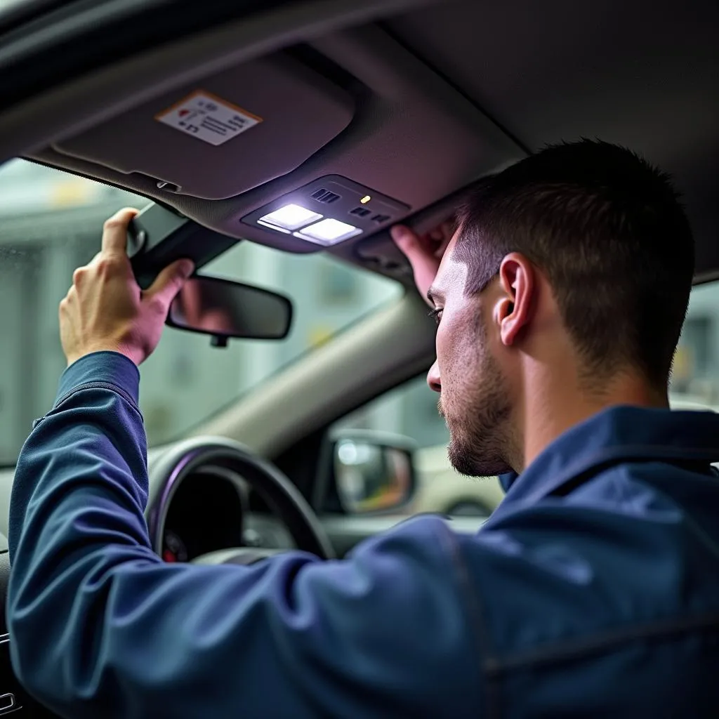 Mechanic installing LED dome light in car