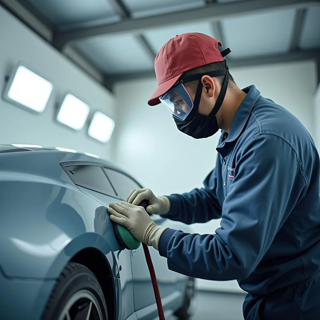 Mechanic Prepares Car for Painting in Booth