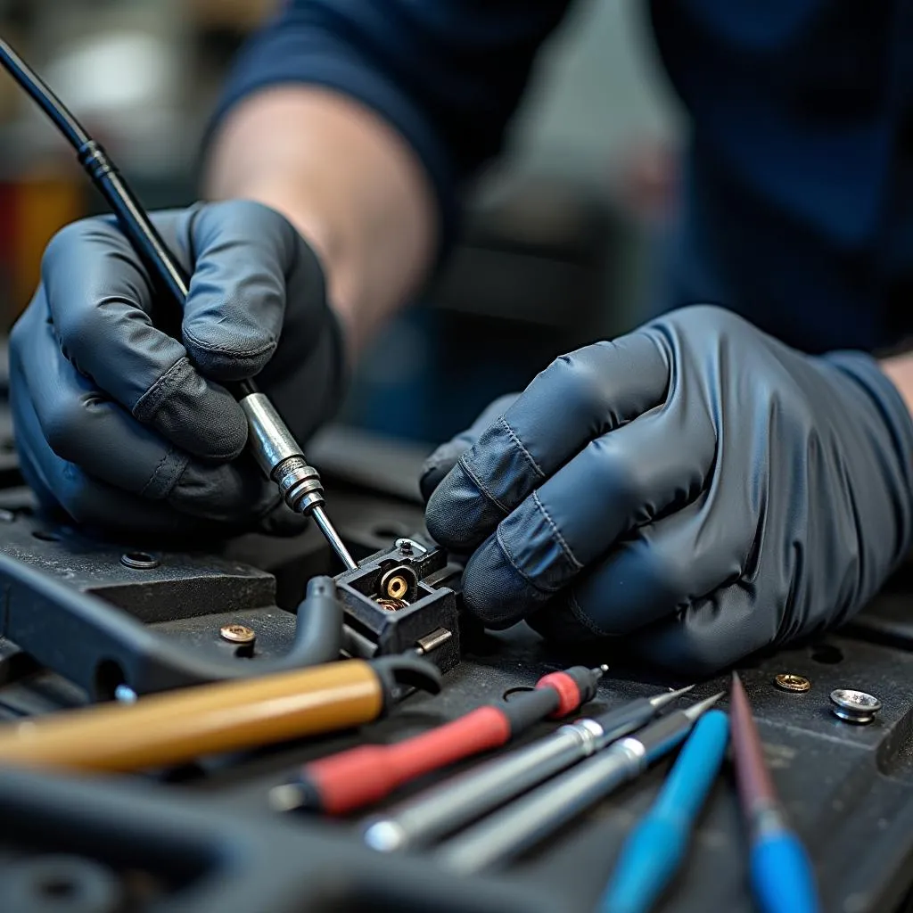 Mechanic meticulously repairing the wiring harness of a Mercedes-Benz