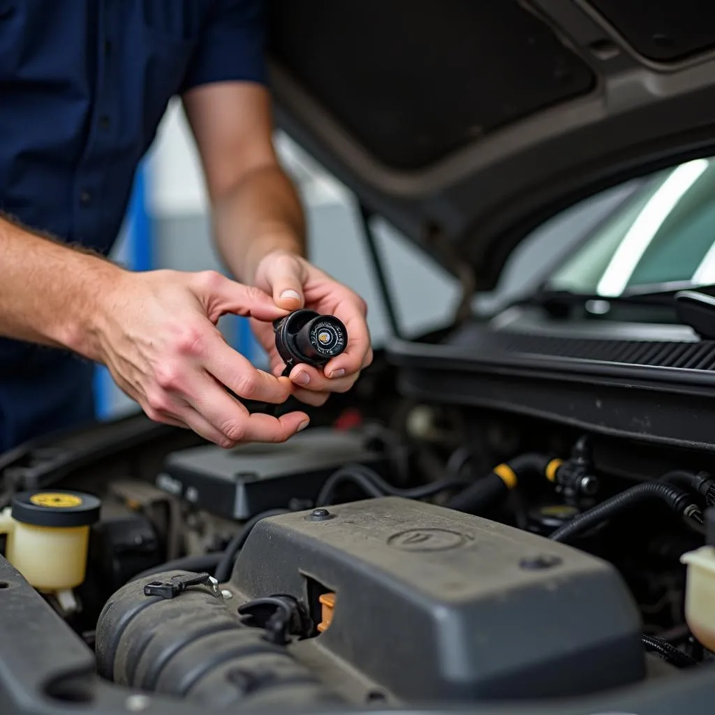 Mechanic Replacing Knock Sensor on 2004 Honda CRV