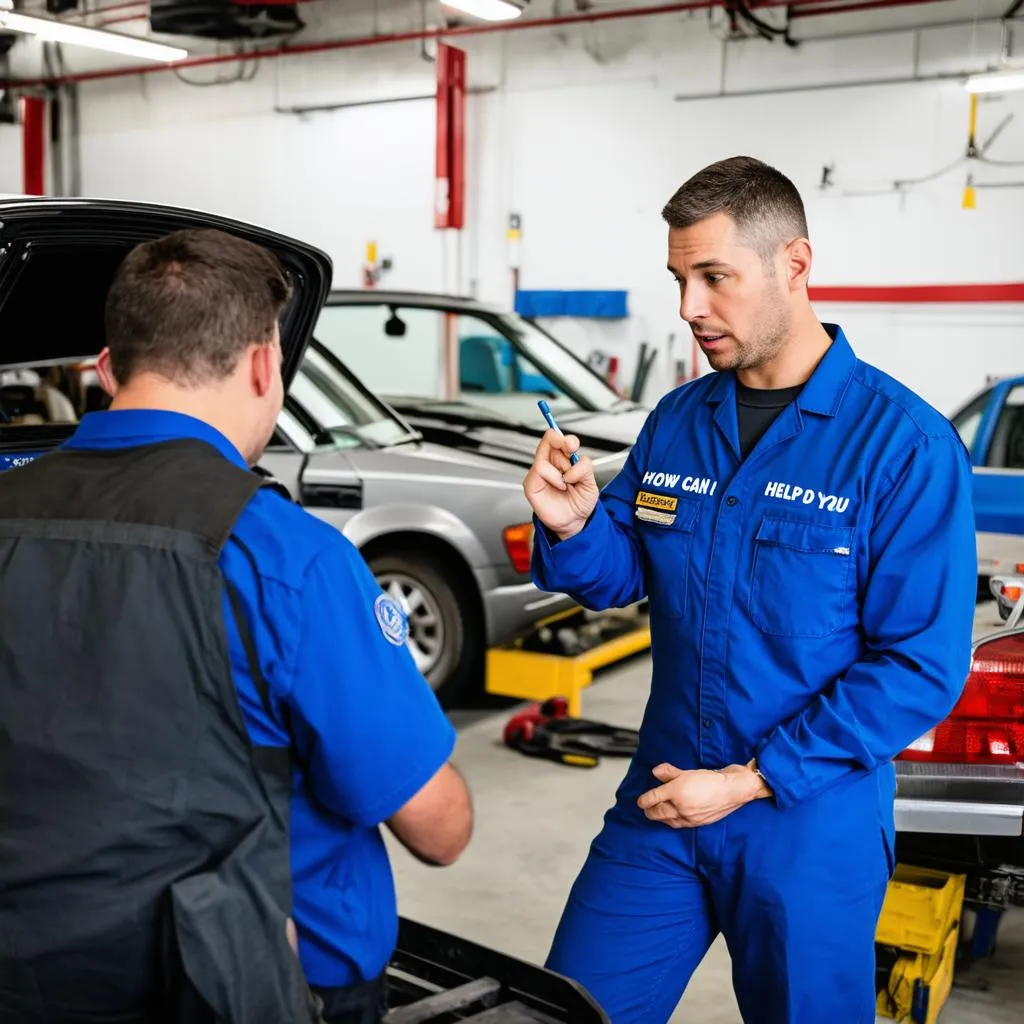 Mechanic using sign language to communicate with a customer