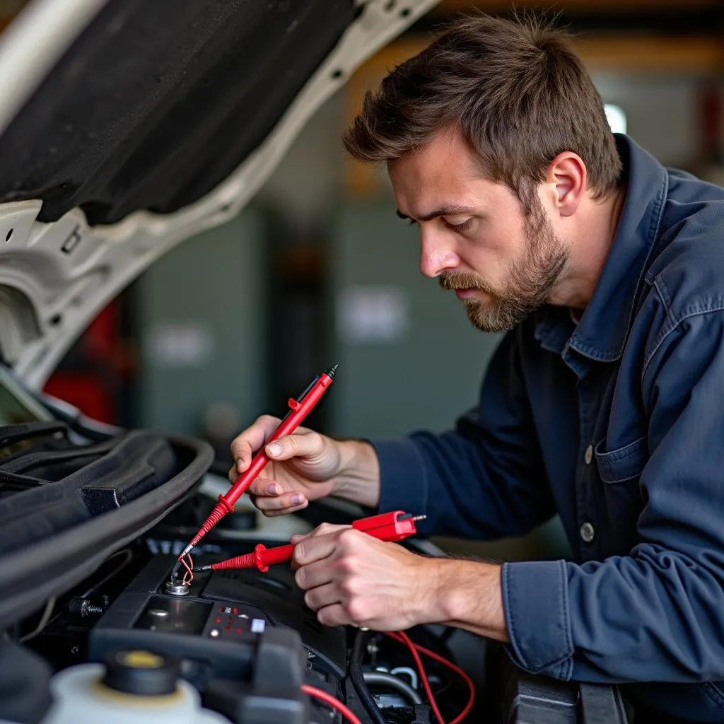 Mechanic Testing Ignition Coil With Multimeter