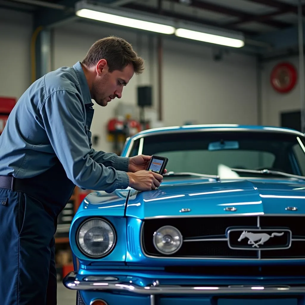 Mechanic Using Actron OBD II Code Reader on Ford Mustang in Garage