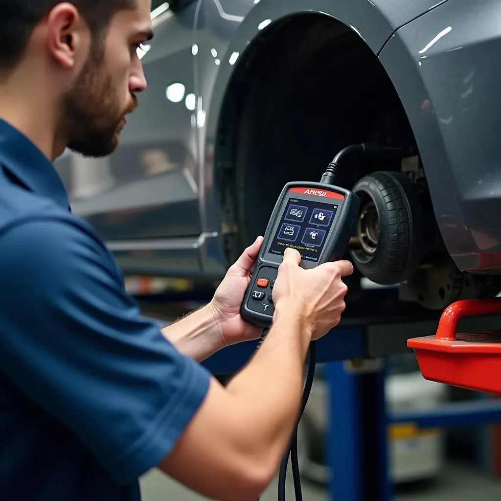 Mechanic using Ancel AD310 to diagnose a car problem