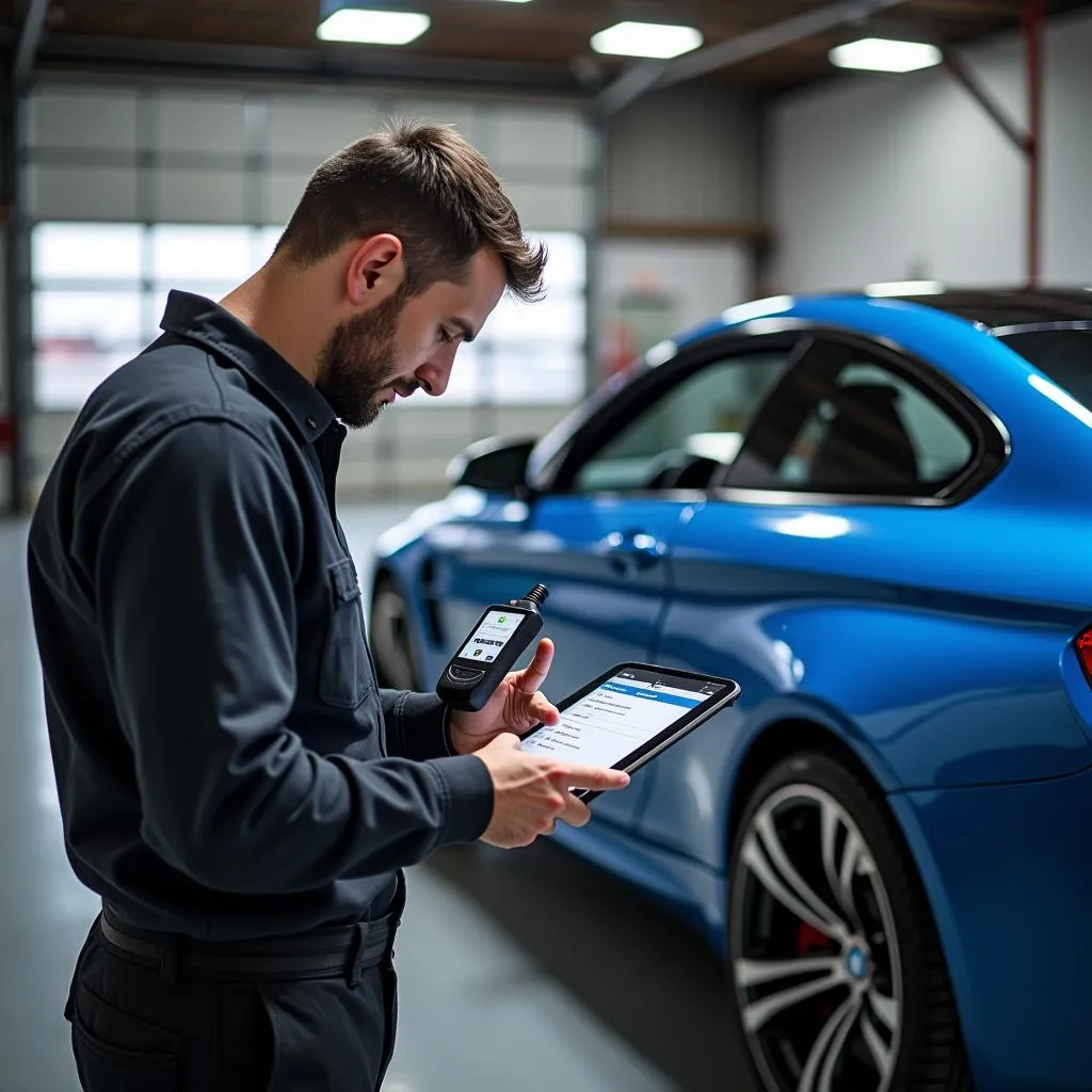 Mechanic Using Bluetooth OBD Scanner on BMW