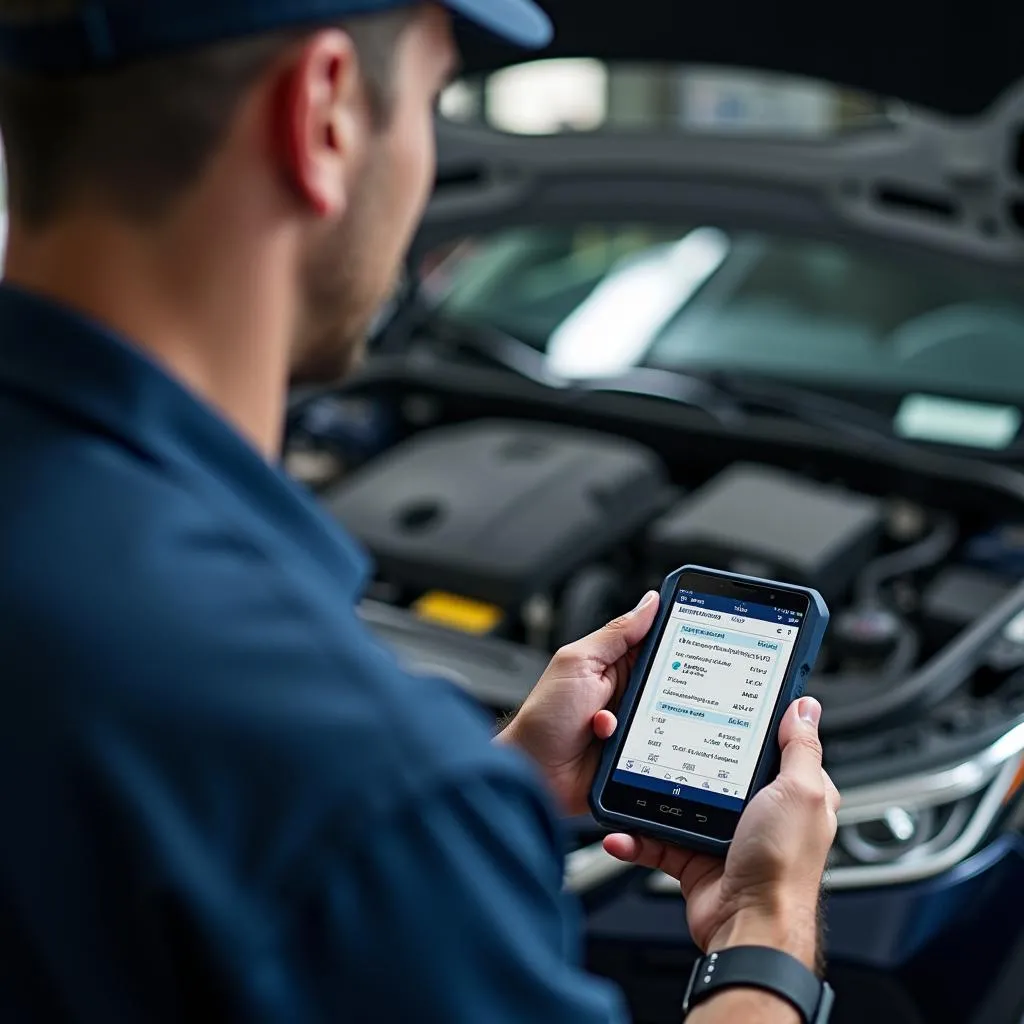 Mechanic Using a Bluetooth OBD Scanner on a Car