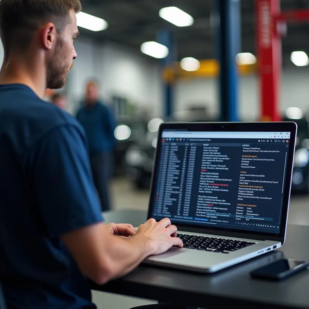 Mechanic Using Bluetooth OBD Software on Laptop to Diagnose Car Problem
