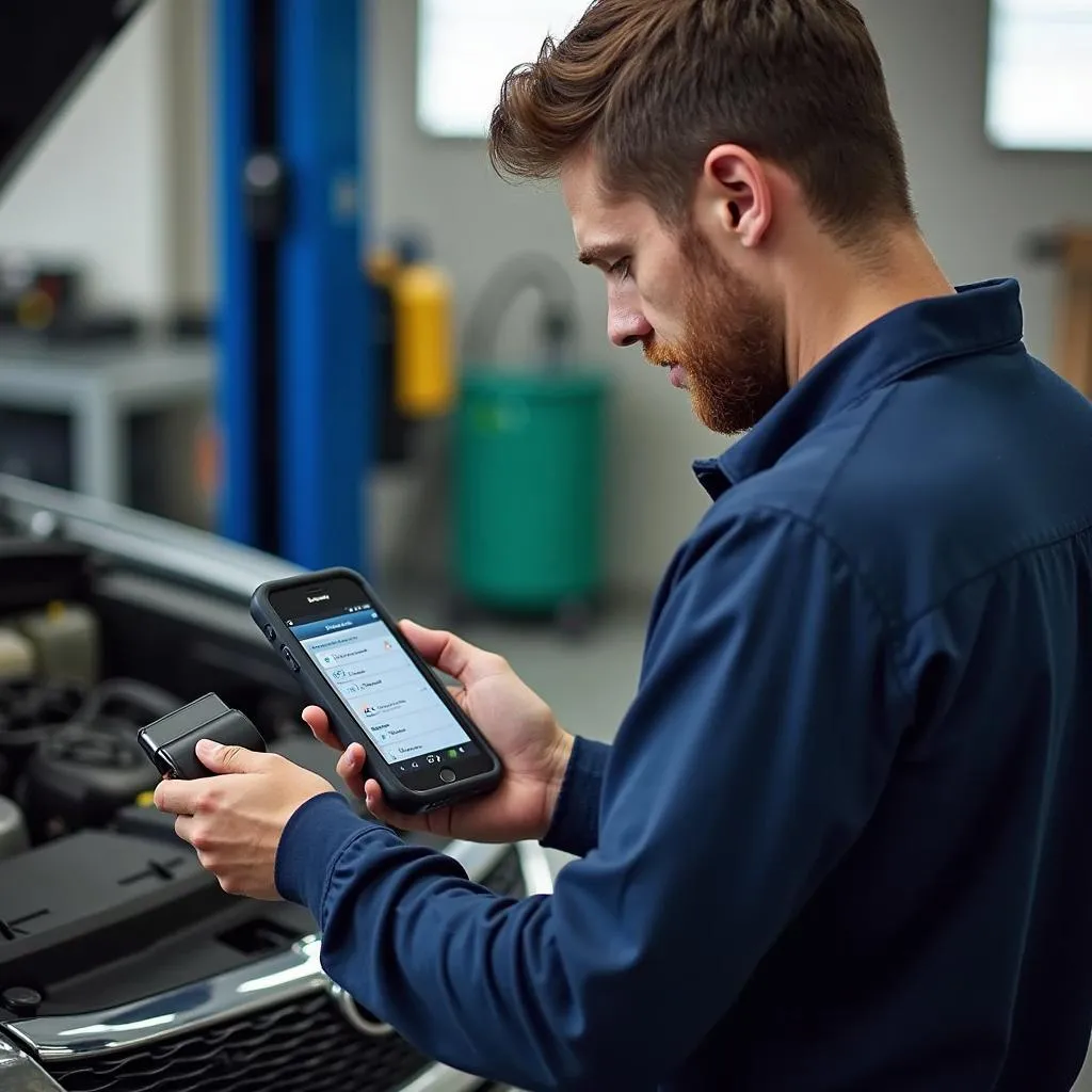 Mechanic Using Bluetooth OBD Tool in Garage